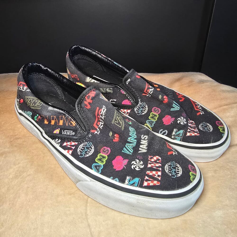 Vans Disruptive colorful logo‎ print black slip on shoes men's 5.5 woman's 7